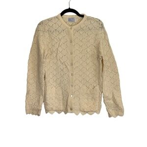 Vintage Jolie Knitwear Cream Crochet Cardigan Scalloped Orlon Acrylic Sz 34